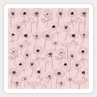 Poppies Line Art Flowers Pattern On Pink Sticker